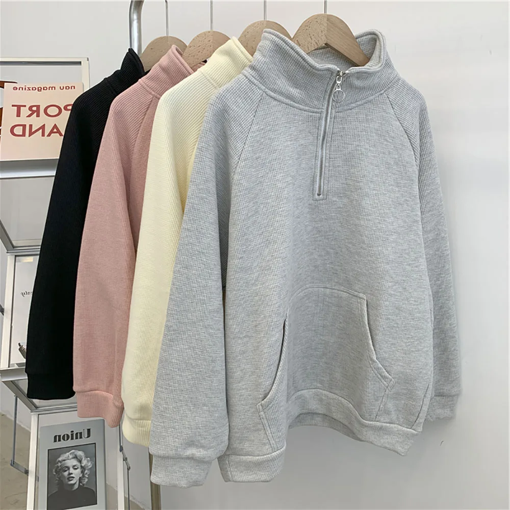 

4 Colors Thick Stand Collar Women Sweatshirt Korean Style Long Sleeve Loose Big Pockets Pullovers Fashion Solid Casual Outerwear
