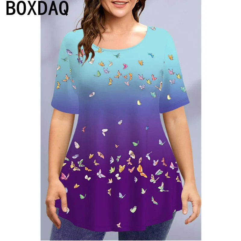 

Женская футболка с градиентным 3D принтом бабочки, большие размеры, летние свободные топы с коротким рукавом, новинка 2024, Женская Повседневная футболка