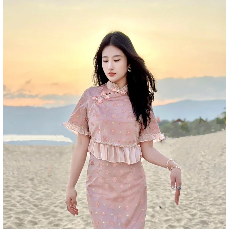 

Chinese Style Improved Cheongsam Women's Pink Floral Noble Top Half Skirt Fashion Set Embroidered Ruffle Edge Qipao Dress