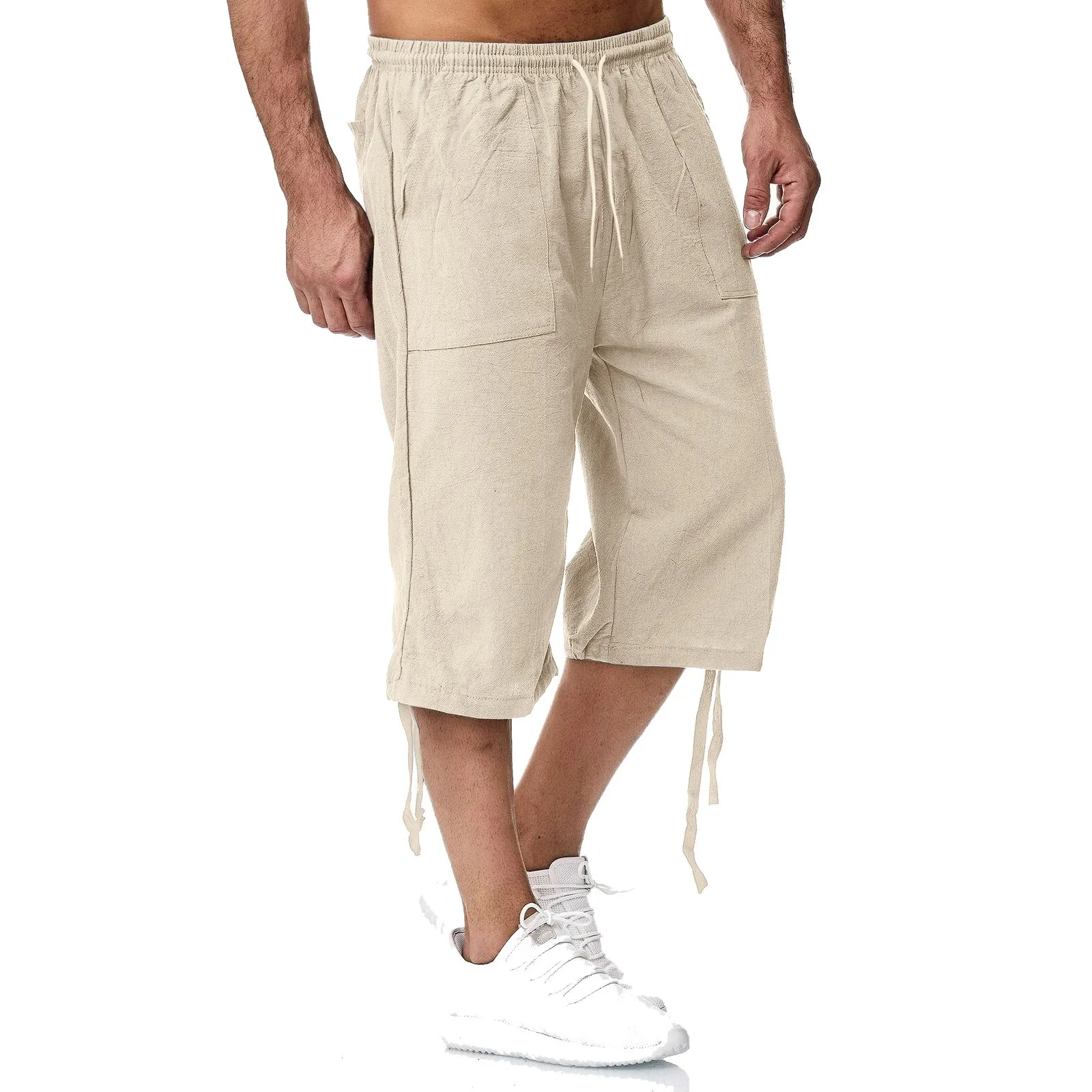 Men pants Men summer cropped baggy drawstring imitation linen pants
