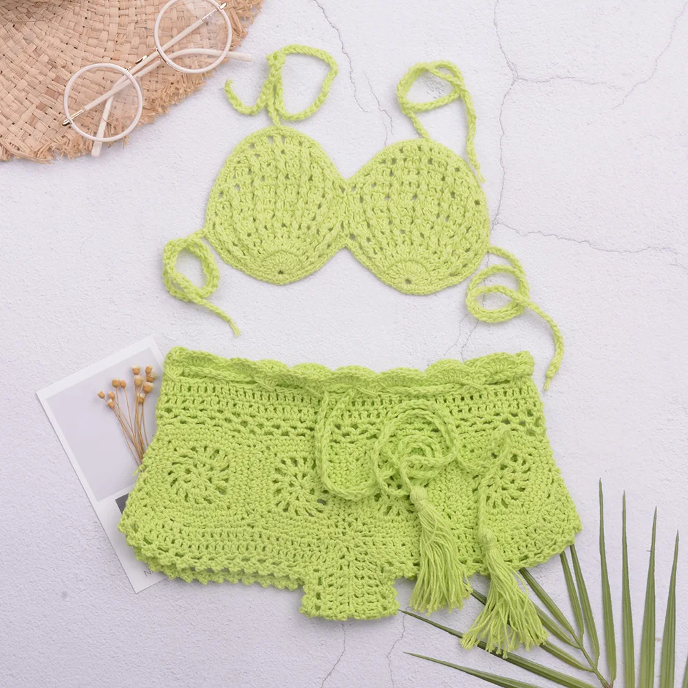 Beach Hand Crocheted Flower Shorts Children's Swimsuit Suit Split Bikini for Girls and Children