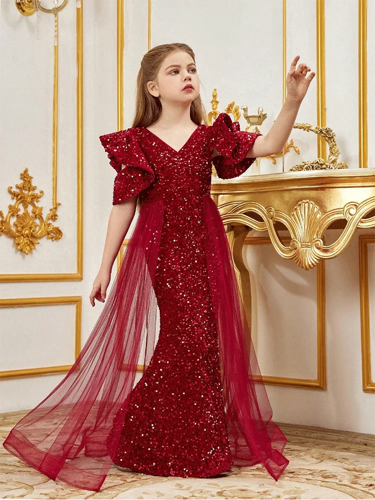 Robe de Soirée en Velours pour Fille, Col en V, Longueur au Sol, Spectacle, Noël, Anniversaire, Manches Courtes, Brillante