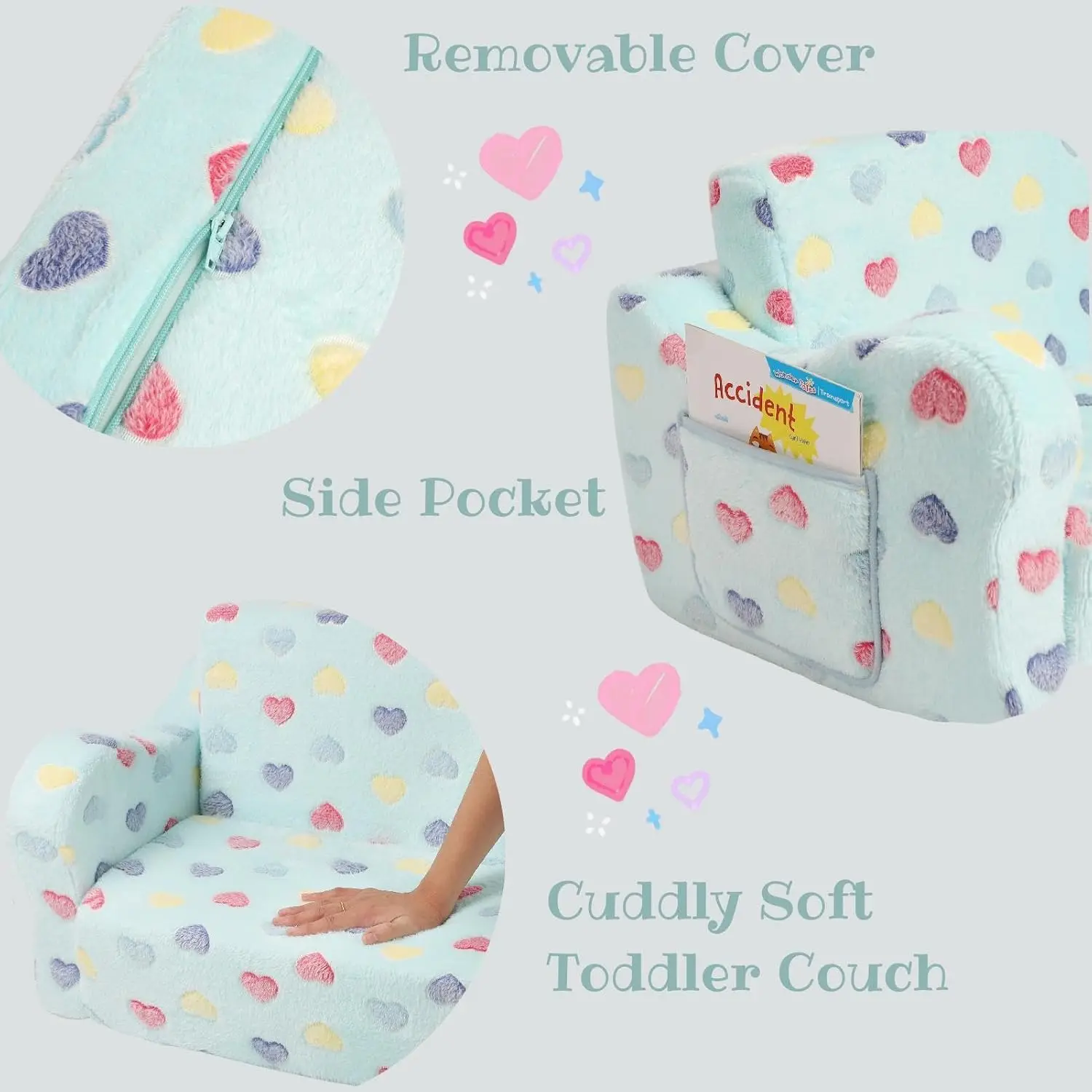 Toddler Couch, 2-in-1 Toddler Soft Couch Fold Out with Star Pillow, Convertible Sofa to Lounger for Girls and Boys 4