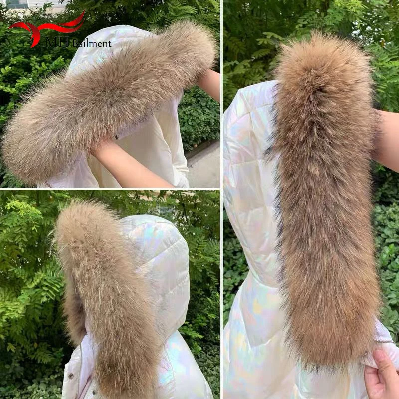 100% Real Raccoon Fur Collar Fashion Winter Warm Scarves For Women Coat Hood High-quality Natural Fur Collar Made Big Fur Scarf 