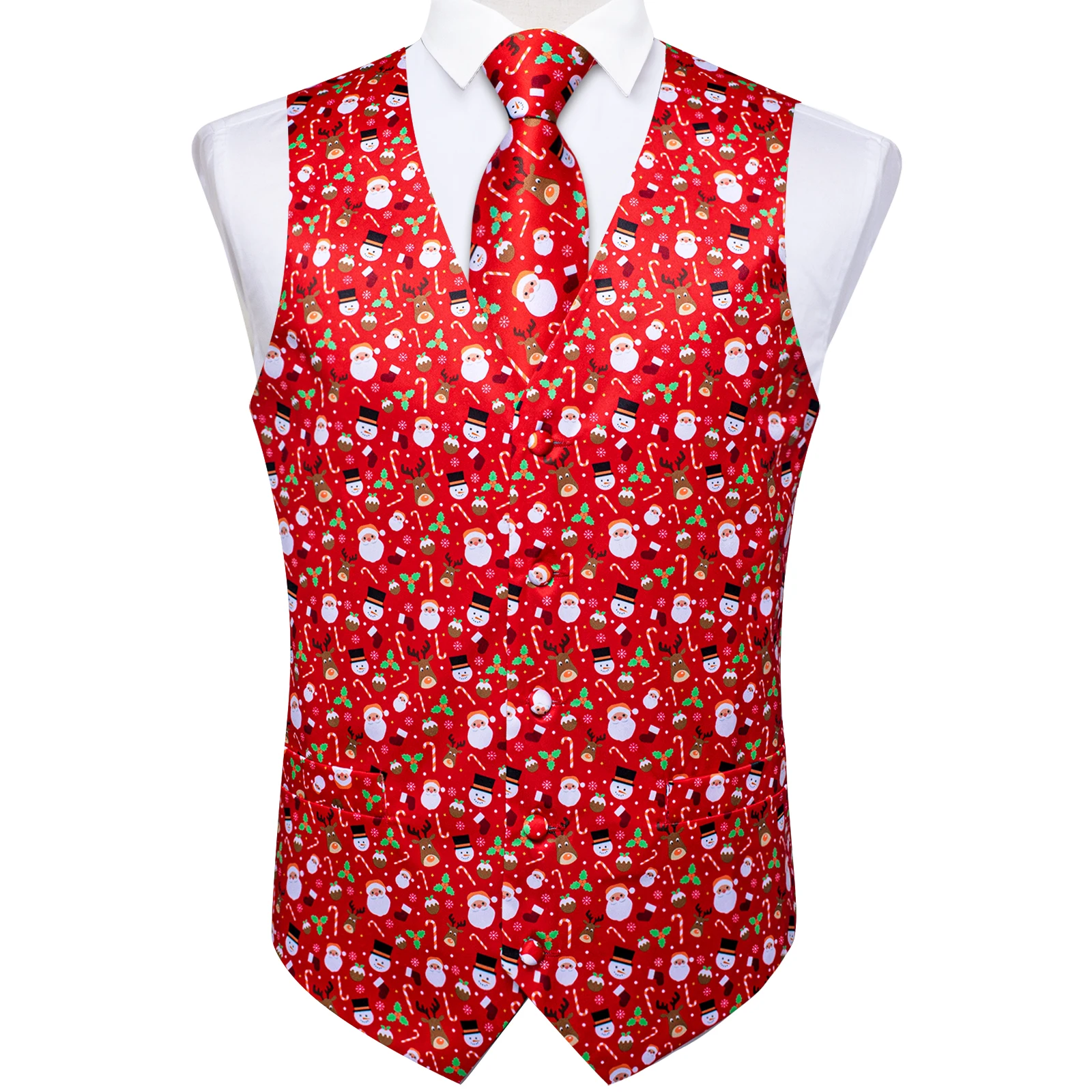 Christmas Santa Claus Elk Bell Print Lovely Suit Vest for Men Neck Tie Set Handkerchief Cufflinks Family Party Men Clothing 3