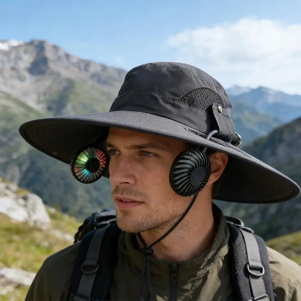 Sommer Herren Sonnenhut mit breiter Krempe und Solarventilator – Outdoor-Schutz-Sonnenhüte mit 2 Solarventilatoren für Wandern und Angeln – Solarbetriebene Visierkappe – Neu eingetroffen – Detail 12
