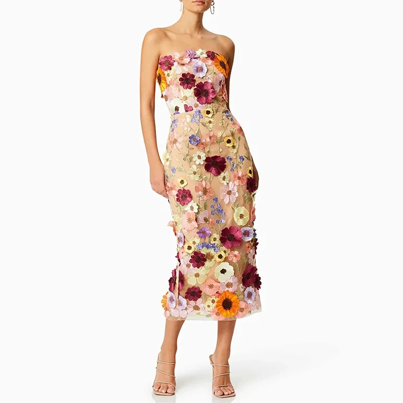 

Elegant Style Long Skirt 2024 New Design Three-dimensional Flower Embroidery Slim Fit Tube Top Dress for Women