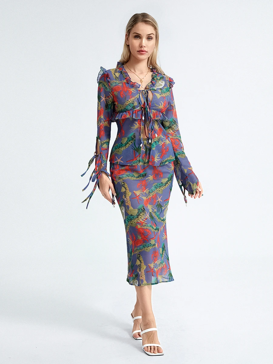 

SCEINRET Women s 2 Piece Skirt Set Solid Color Floral Print Open Front Tops and Midi Bodycon Skirt