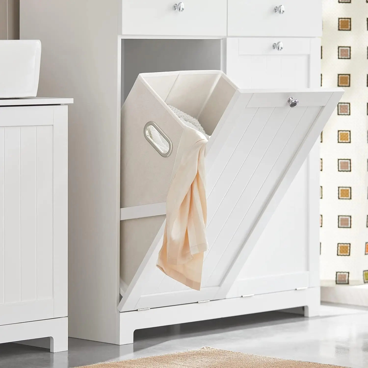 Tilt-Out Bathroom Laundry Cabinet Hidden Hamper Organizer with Double Baskets and Drawers Storing Unit Storage Chest