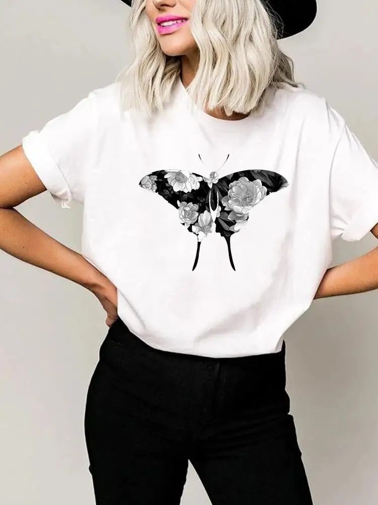 

Clothing Tee Basic Women Clothes Print T Shirt Short Sleeve Summer Top Fashion Lovely Flower Butterfly Graphic T-shirt