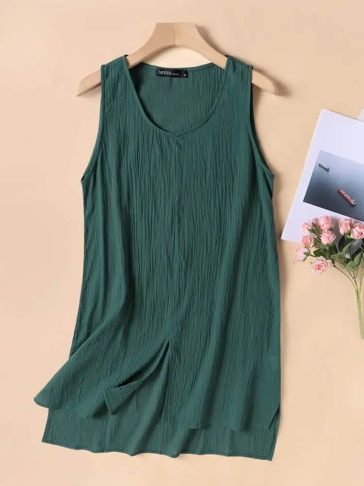 Vintage Solid Tanks Tops Loose Beach Blusas Cotton Camis Tunic ZANZEA Women Sleeveless Blouse Summer Split Shirt Casual Chemise 4