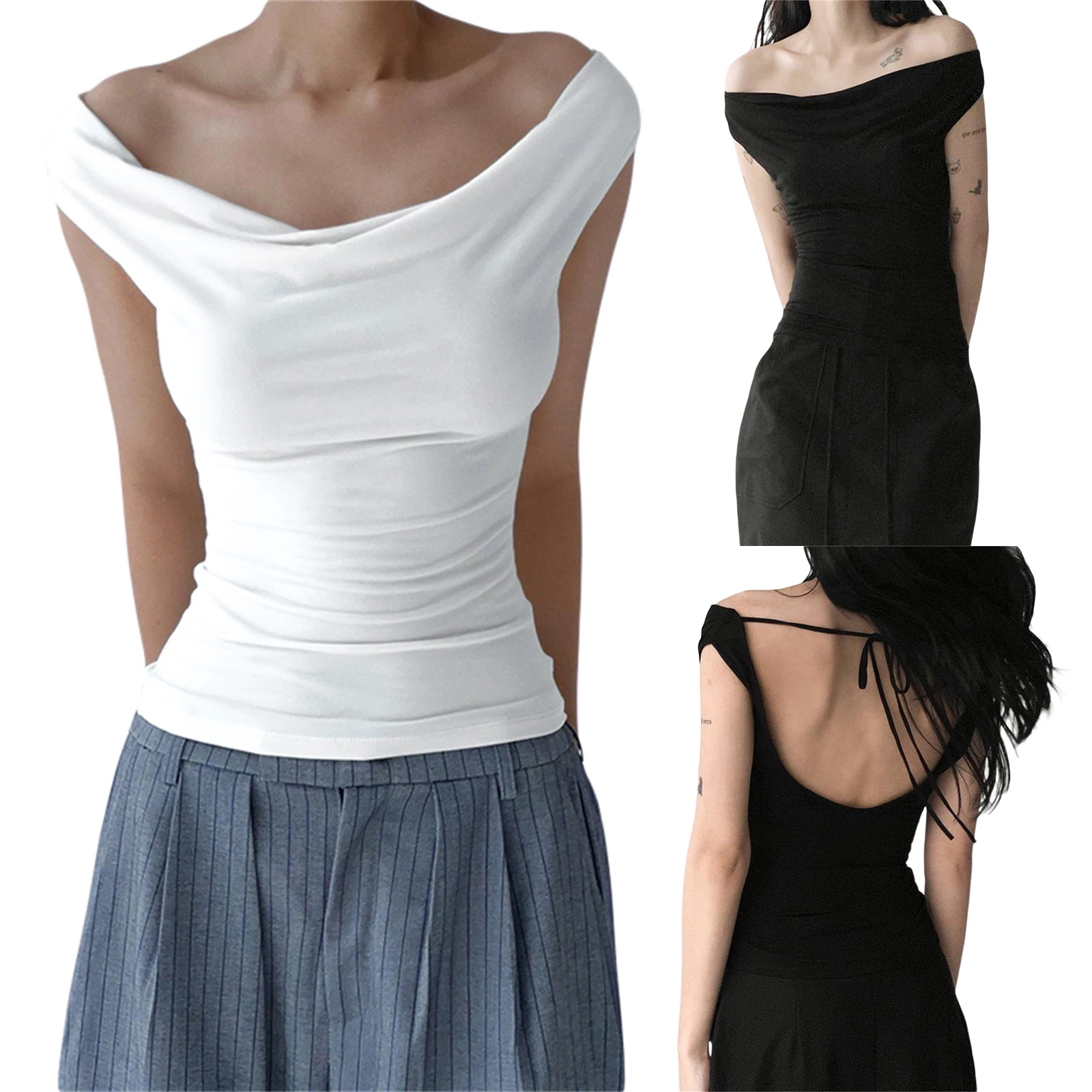 

Summer Women Short Sleeve T-Shirts Solid Color Elegant Off Shoulder Boat Neck Tie-Up Backless Casual Slim Fit Tops