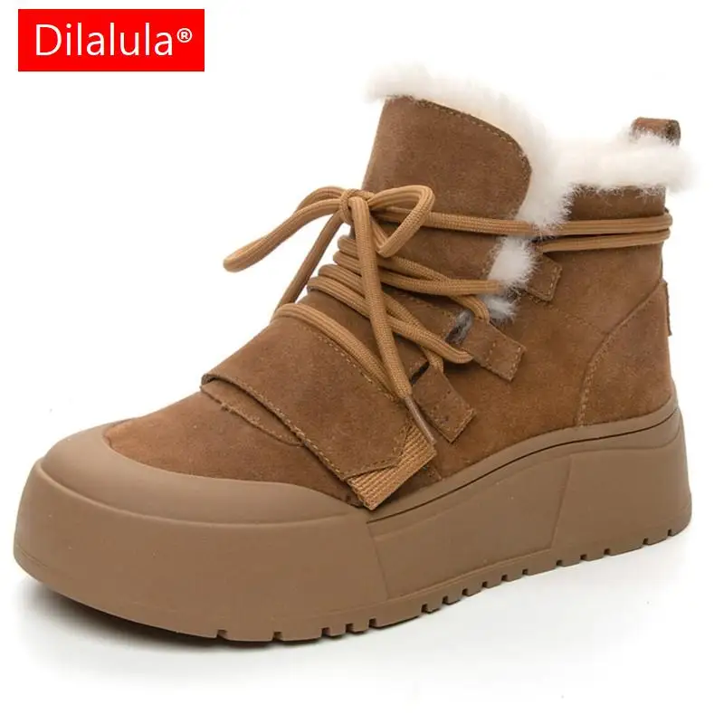 

Dilalula Platforms Women Ankle Boots Winter Genuine Leather Thick Plush Snow Boots Popular Lace-Up Leisure Shoes Woman Casual