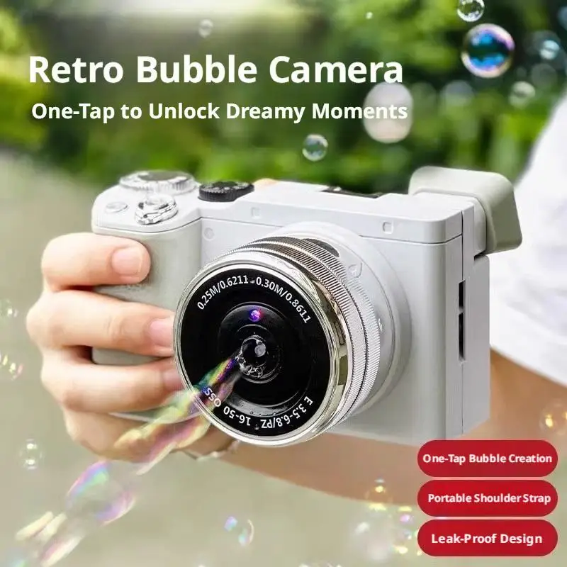 Kids' DSLR-Style Automatic Bubble Maker with Lights & Music, Leak-Proof Design, Bubble Solutions & Strap Included