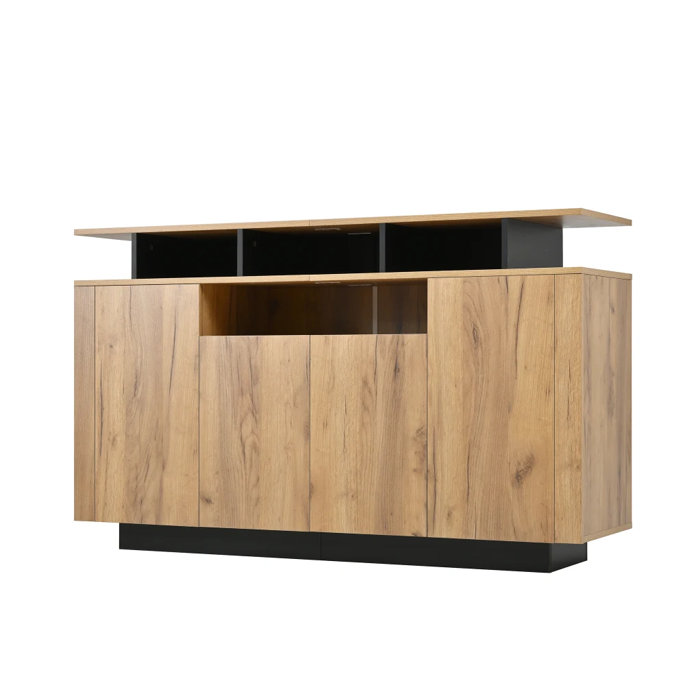 Natürliches Holz-Sideboard mit 4 Türen und 3 Offenen Regalen, Aufbewahrungsorganizer für Zuhause, Büro, Wohnzimmer und Flur – Detail 16