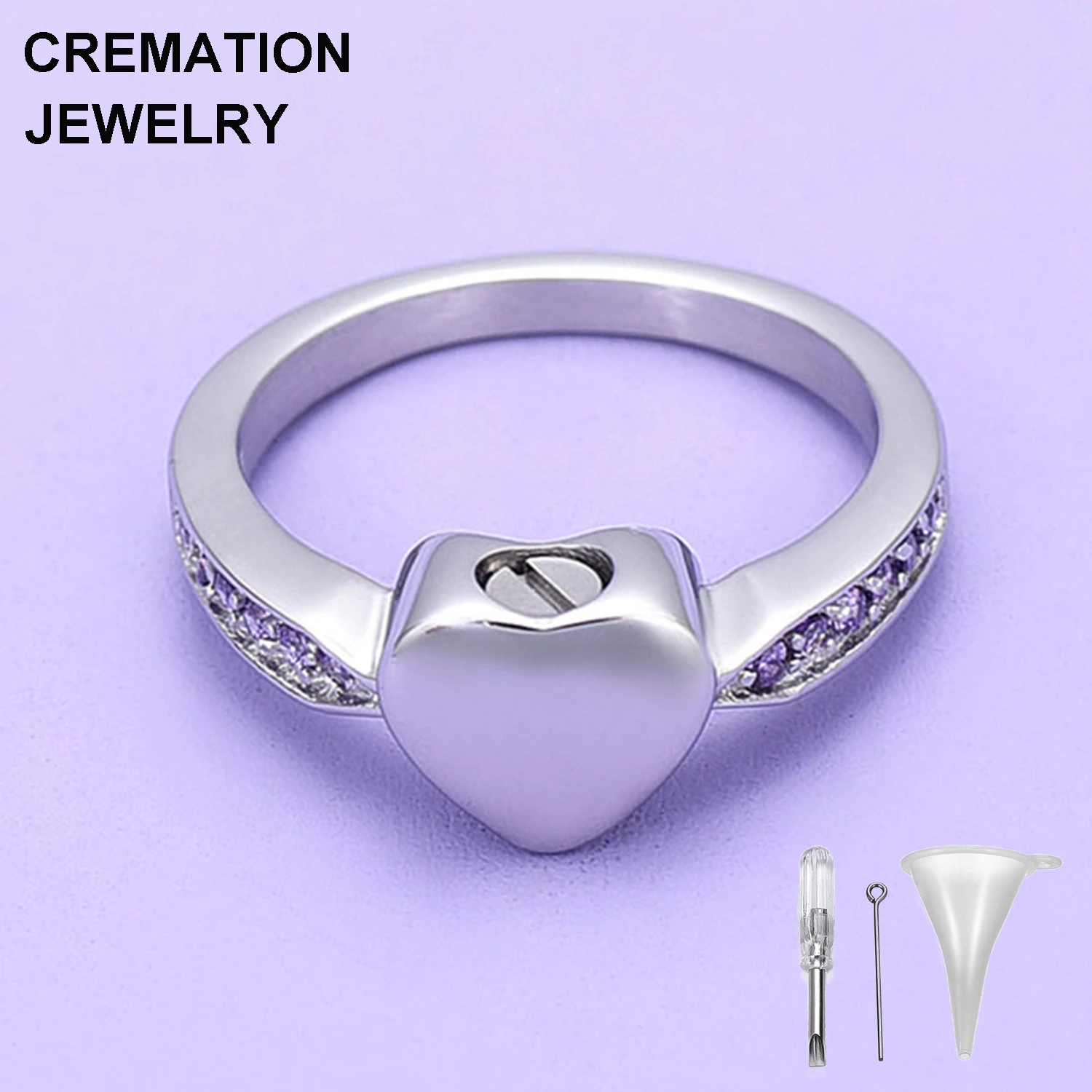 Free Engraving Blank Little Heart Cremation Ring Stainless Steel Inlay Crystal Ashes Holder
