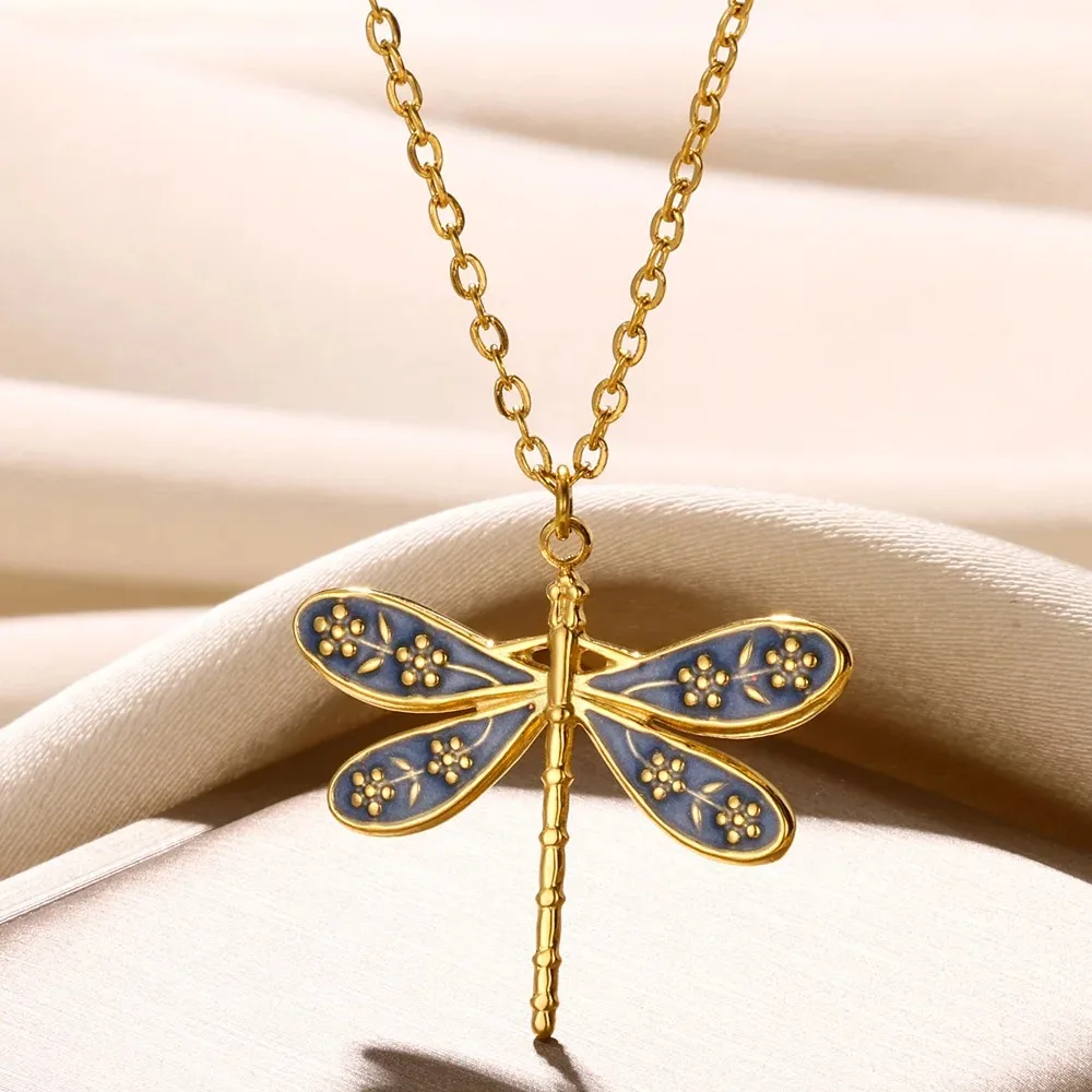 Stainless Steel Dragonfly Necklaces For Women 18K Gold Plated Choker