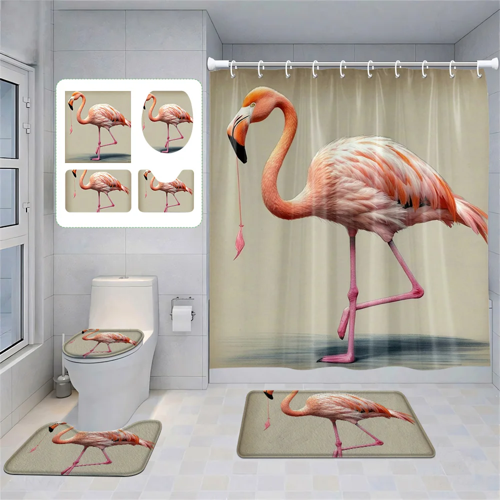 Home shower curtains bathroom Decora waterproof fabric non-slip bath mat water absorption curtain Modern aminal flamingos 2