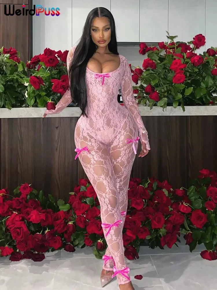 Women Lace Bow Jumpsuits Summer Coquette Low-Neck Sexy Sleeve Square Neck See Through Female Midnight Attirewear Kliou
