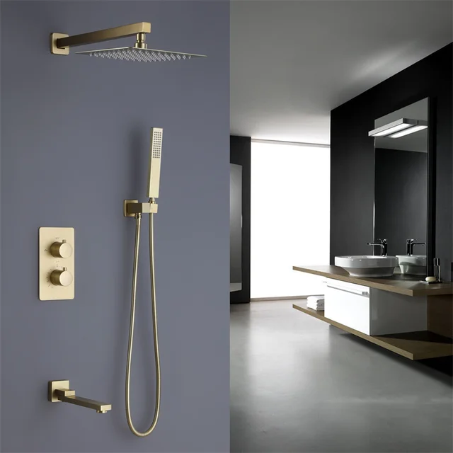 ชุดฝักบัวอาบน้ำหรูหรา แบบมือจับคู่ 3 ฟังก์ชั่น ฝังผนัง สีทองด้าน ระบบฝักบัวเรนชาวเวอร์ ทำจากทองเหลือง 2