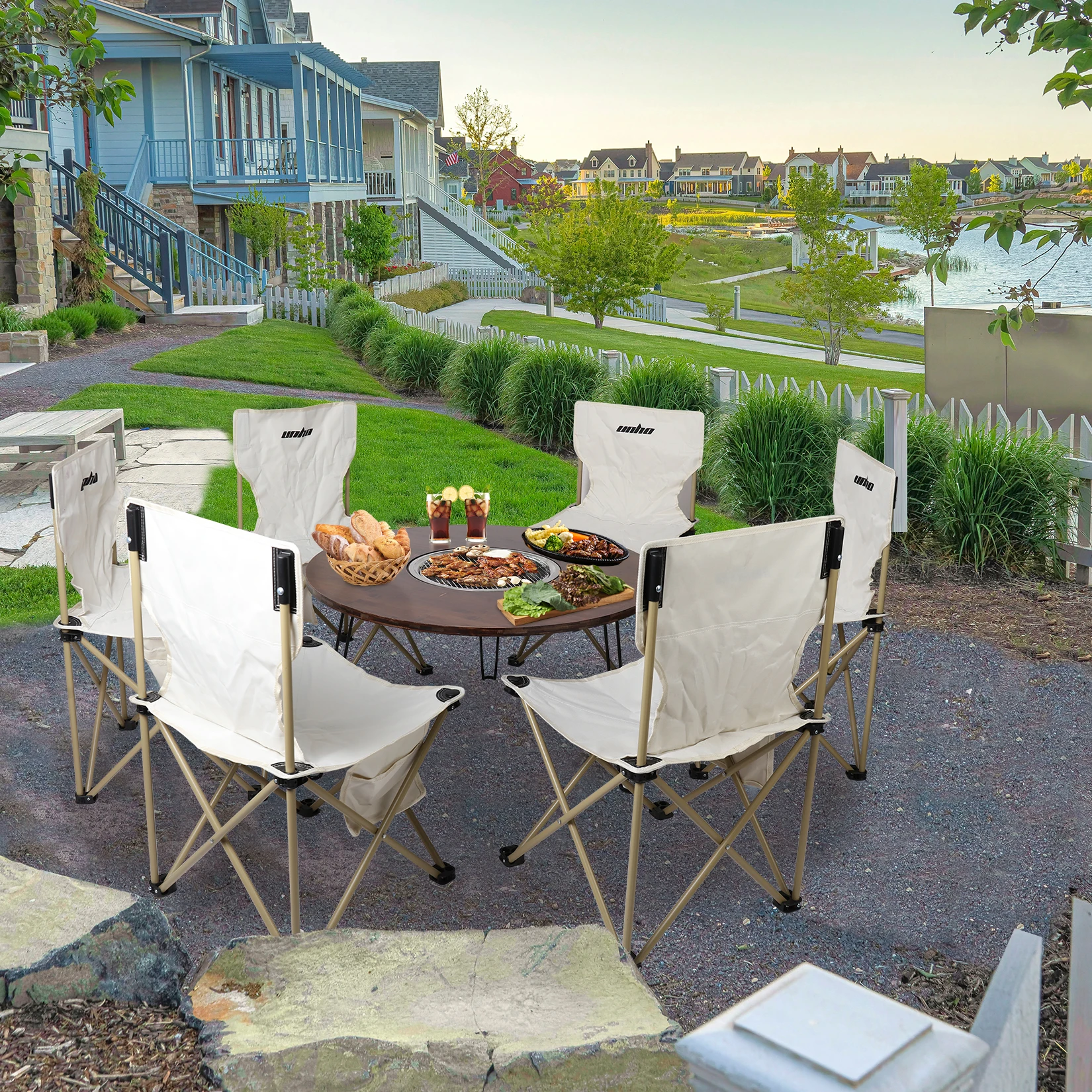Fire Pit Table:&rdquo; Round Large Dining Table Foldable Party Table with Charcoal Grill and BBQ Picnic Tray for Outdoor Camping