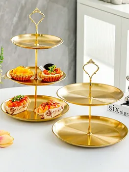 Vassoio da dessert dorato in acciaio inossidabile 1/2 pezzi, supporto per torta multistrato, piatto per torta, piatto per snack, per tea party, compleanno, matrimonio 1