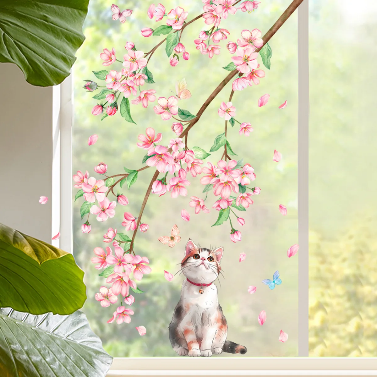 Creative Peach Blossom Branch Window Cling Floral Butterfly Kitten Static Sticker No Glue for Kitchen Restaurant Shop Decor