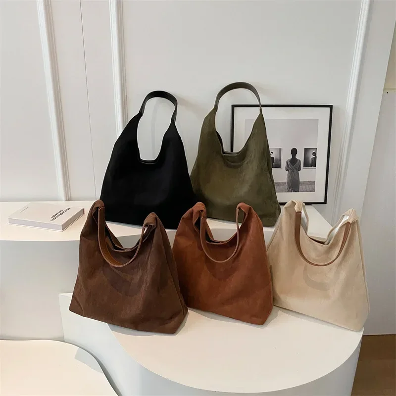 New Vintage 2pc Women's Bag Large Capacity Suede Shoulder Bag Solid Color Simple Casual Commuter Bag Retro Handbags