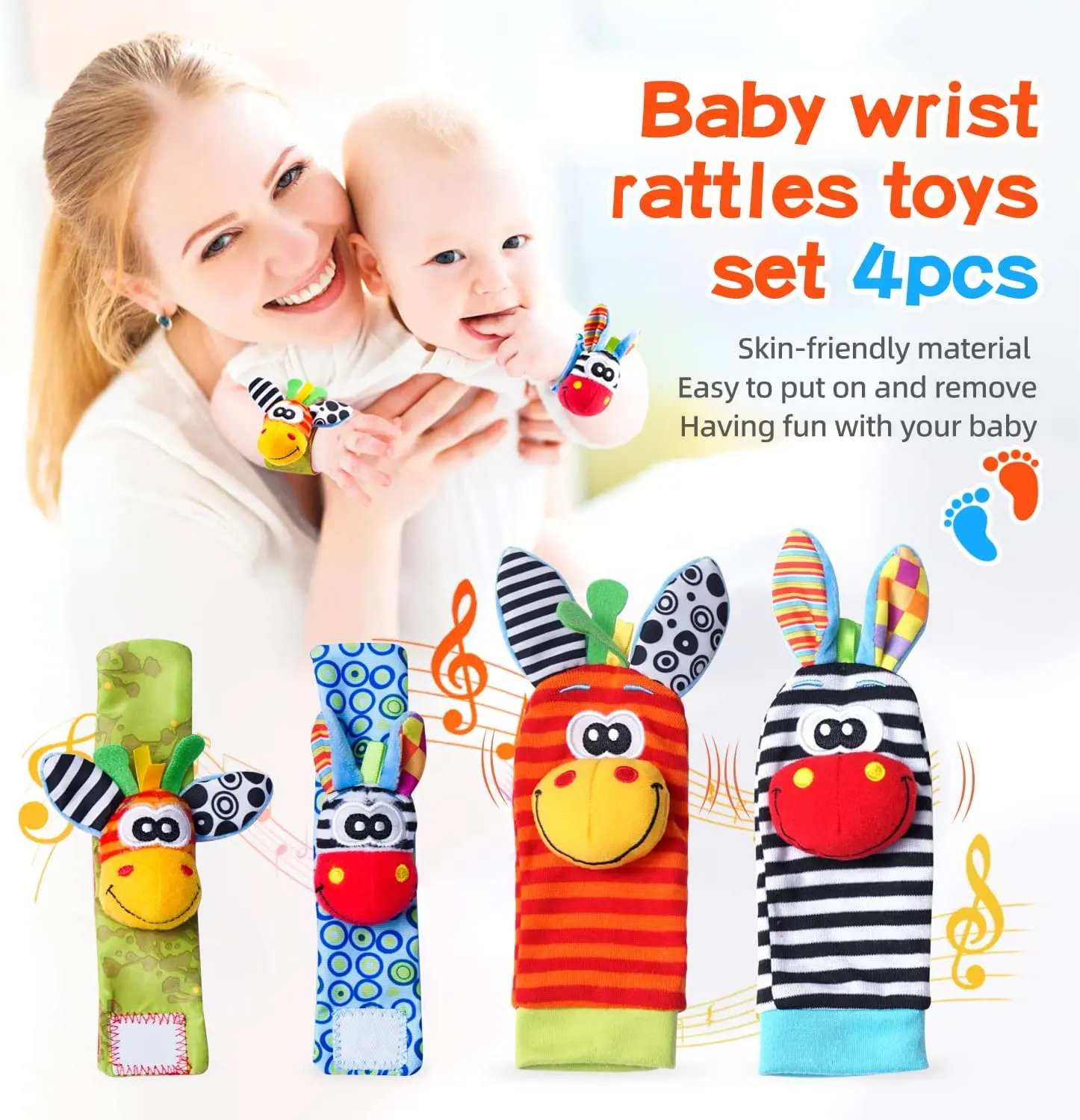 Baby-Handgelenkrasseln, Tier-Socken für Neugeborene, Fußfinder-Handgelenksriemen, sensorisches Spielzeug für Babys (0-12 Monate), Geschenk_voghion.com
