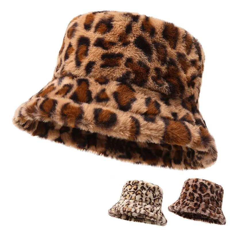 Women Hat Winter Show Face Little Leopard Print Fisherman Hat Versatile Warm Pot Ins Plush Bucket