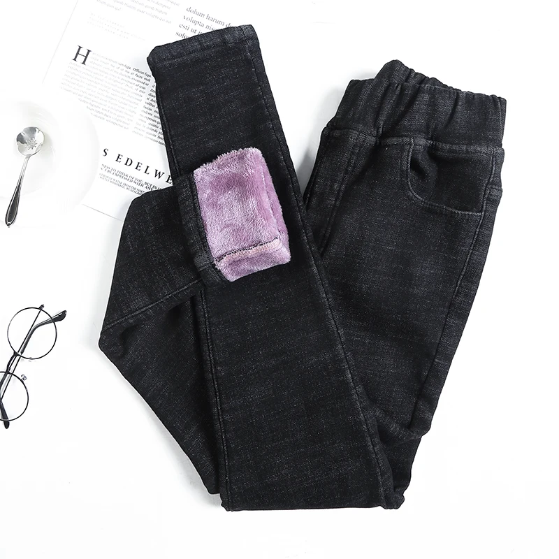 Nuevos pantalones vaqueros ajustados de cintura elástica de invierno, pantalones de tubo térmicos gruesos informales de lana para mujer, pantalones vaqueros cálidos de felpa azul clásicos - Imagen 4