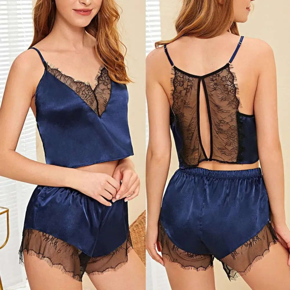 

2Pcs Women V Neck Lace Patchwork Hollow Out Camisole Shorts Sleepwear Pajamas Sleeveless Top And Shorts Night Suit Pijama 잠옷