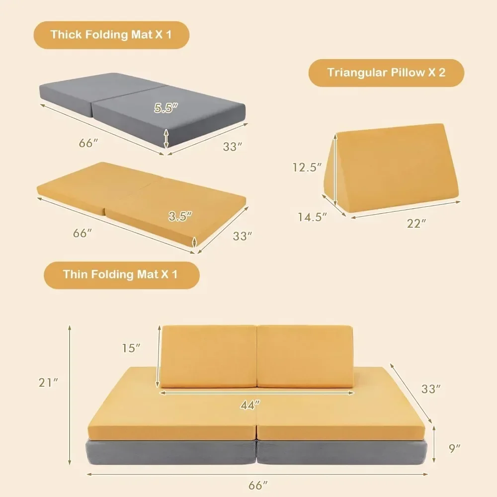 Convertible Kids Couch, 6-Piece Modular Sofa Playset or 2 Chair for Boy Girl w/Folding Mats & 2 Triangular Pillows 6