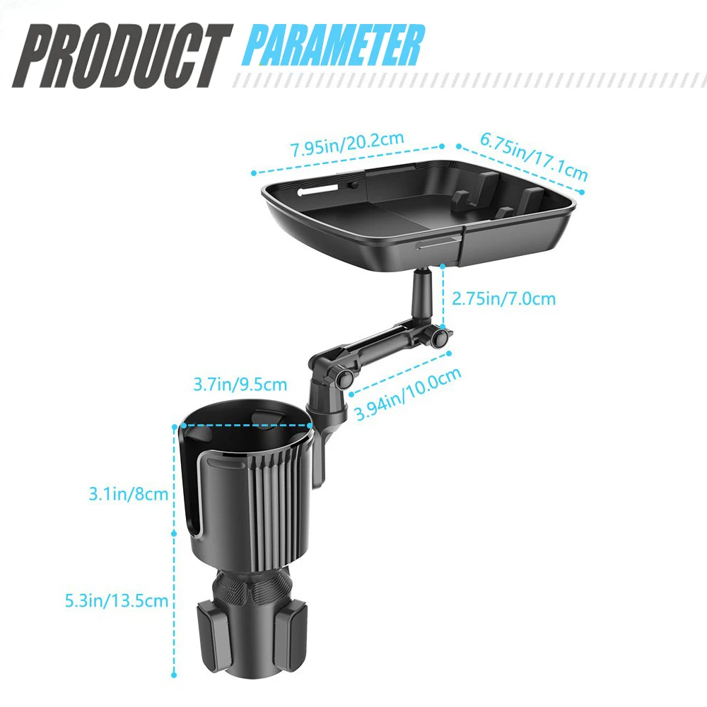 360도 회전 가능한 차량용 컵홀더 트레이 °   회전식 암 - 올인원 차량용 식판 및 컵 확장기 (스낵, 음료, 휴대폰 및 여행용)