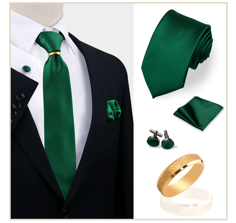 Luxus-Krawattenset in Uni-Farbe für Herren, Krawatte, Taschentuch, Manschettenknöpfe mit goldenem Metallring, Brosche, Anzug, Hochzeit, Herren-Accessoires – Detail 28