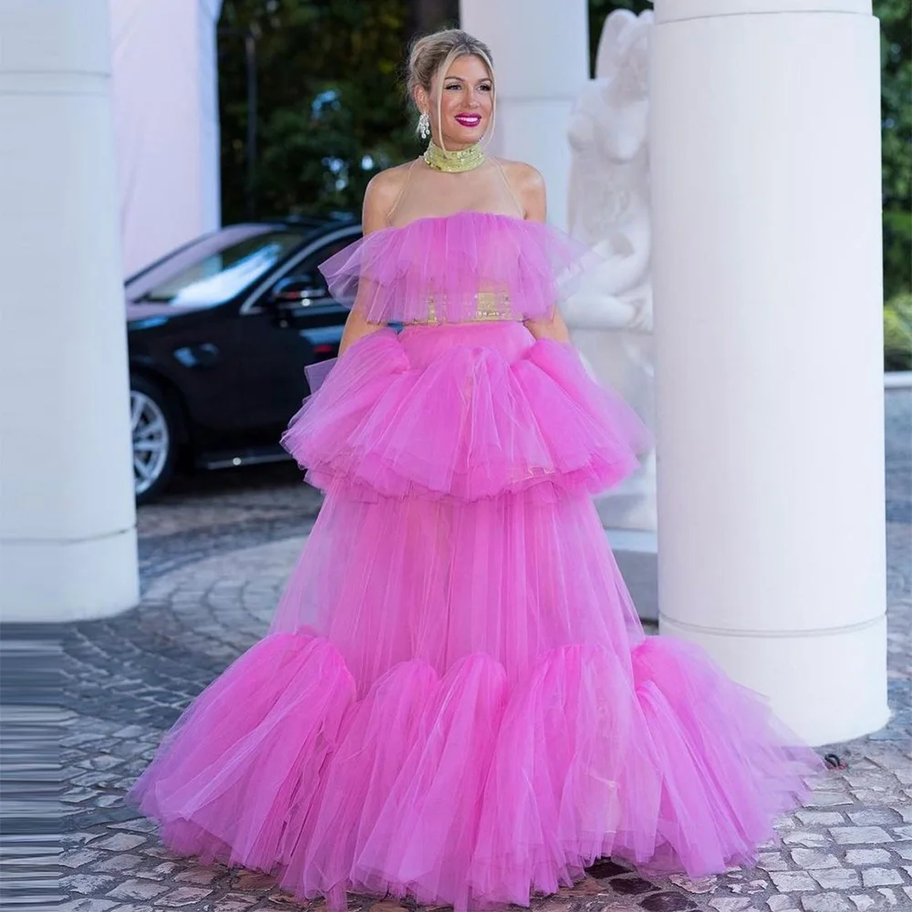 

Xijun Elegant Tiered Ruffles Tulle Evening Dresses Sleeveless Halter A-line Pleat Ruched Saudi Arabic Prom Dress Formal Gowns