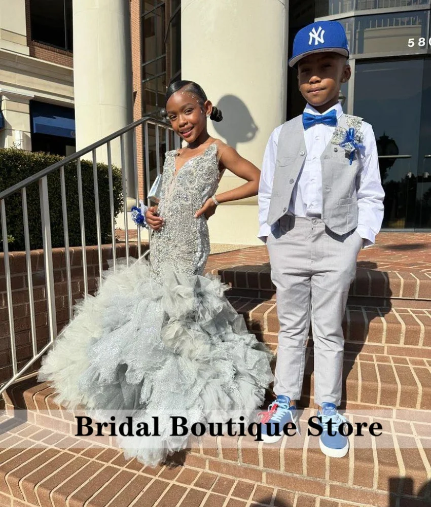 Glitter Silver Flower Girls Floral Appliqu&eacute; Satin Formal Dress For Weddings Mermaid Gown Luxury Bead Crystals Diamonds Ruffles Tiered Gown Customized