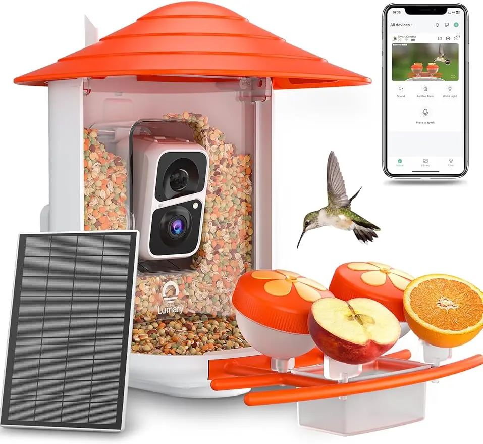 

Lumary Bird Feeder with Camera, DIY Add-ons Hummingbird Feeder Solar Powered, Smart AI Identify Auto Capture Motion Detection Gi