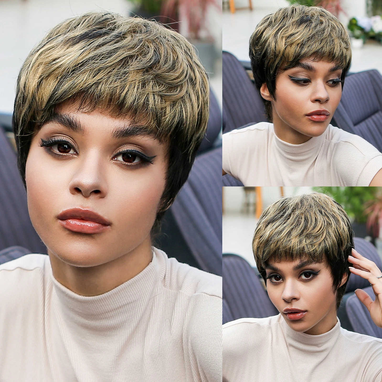 

Short Straight Pixie Cut Human Hair Black Remy Human Hair Wig with Golden Blonde Bangs Wigs for Afro Women Brazilian Machinism