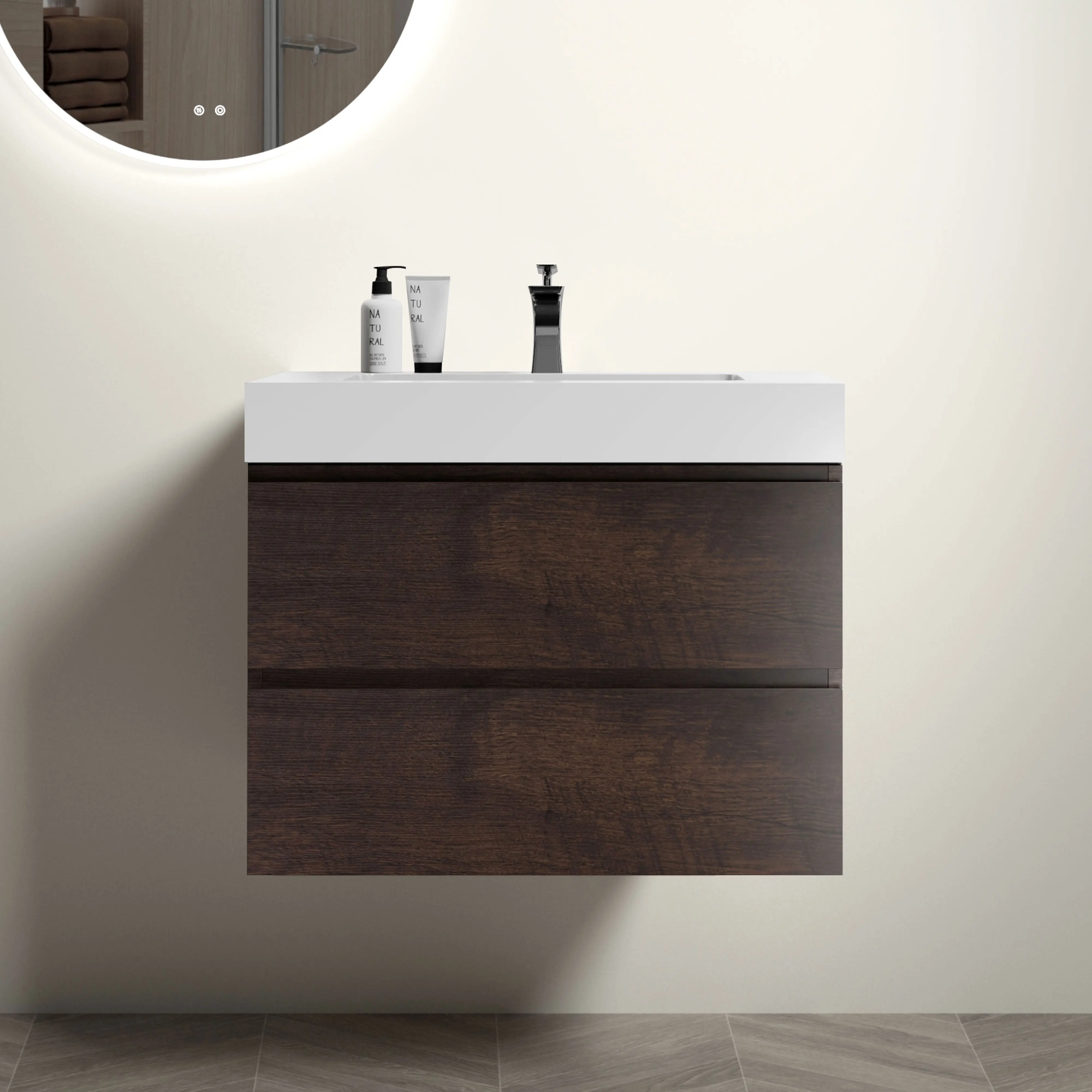 

30" Walnut Bathroom Vanity with Sink, Large Storage Wall Mounted Floating Bathroom Vanity for Modern Bathroom Sink Basin