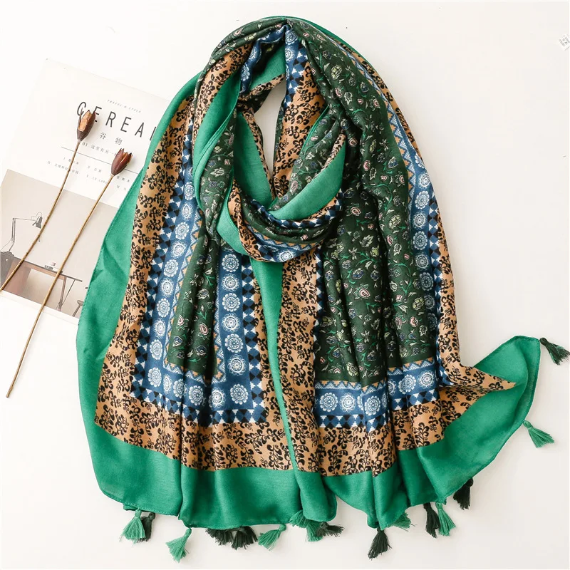 Aztec Fashion Polka Floral Chain Tassel Viscose Shawl Scarf Lady High Quality Wrap Pashmina Stole Bufandas Muslim Hijab 180*90Cm