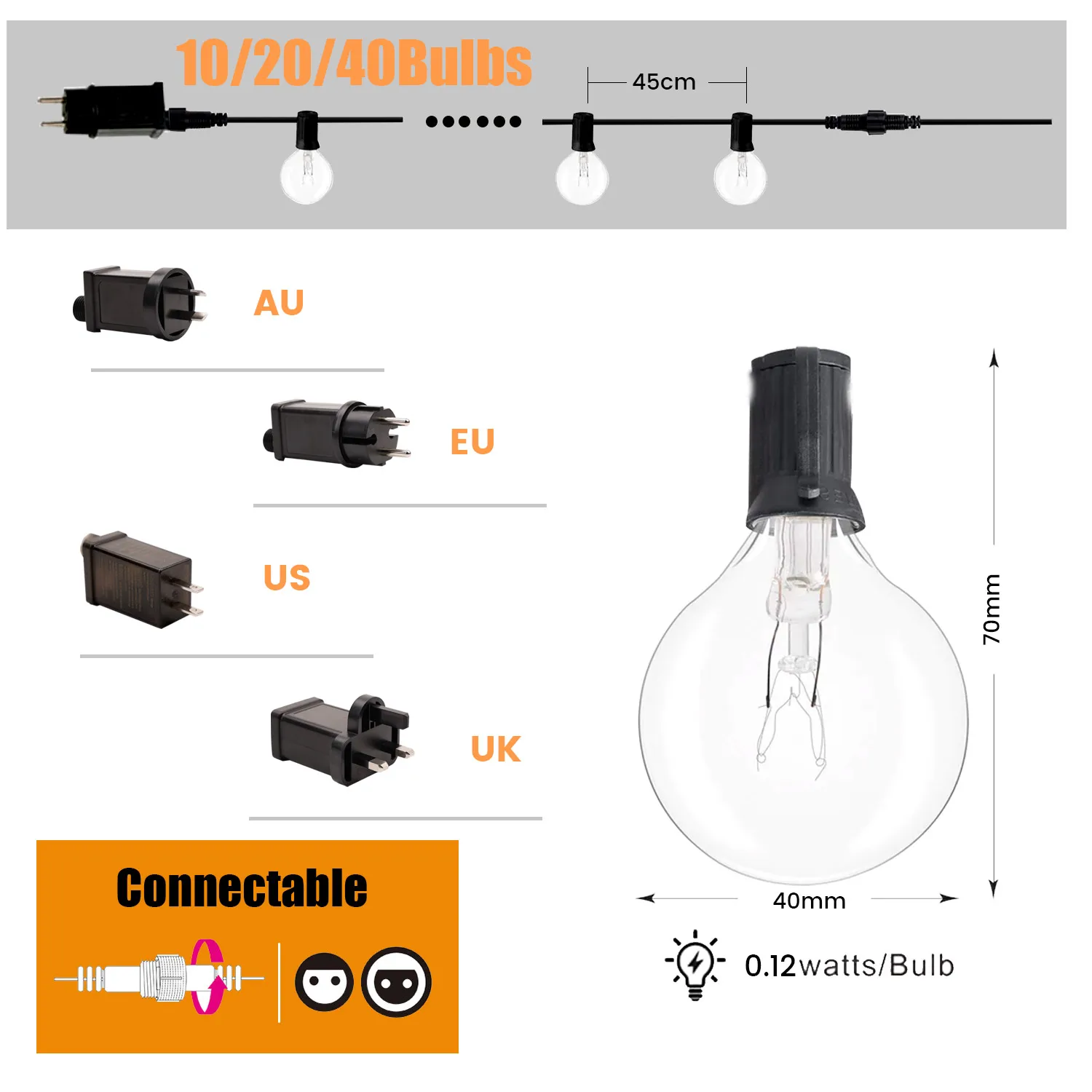 20meters Zárt földszinti terasz stringed ligh G40 ledes Bura Füzérdíszítés kültéri Tündéri szép connectable retro utc Girland számára esküvői kerti decoratie