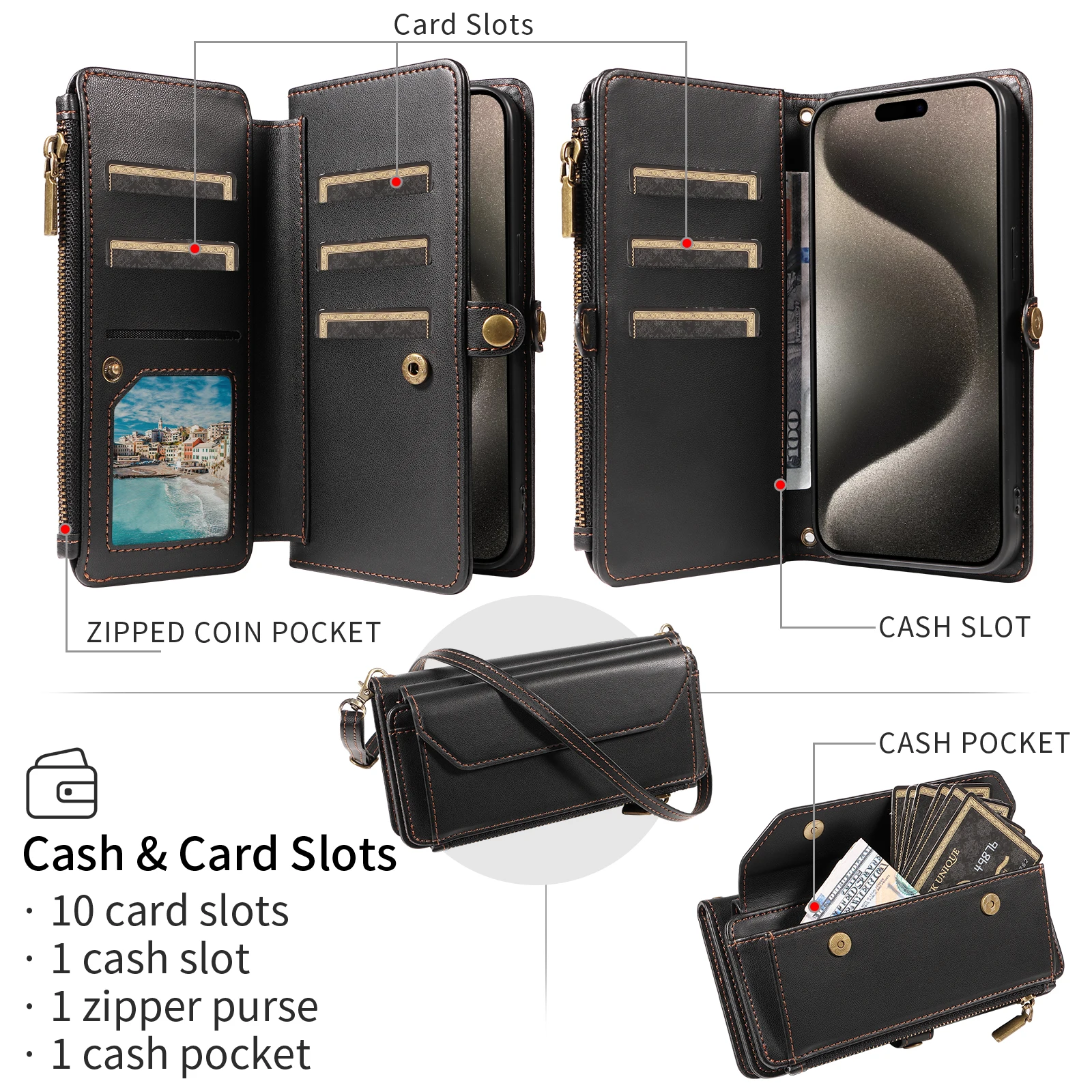 Deluxe Multi-Card Slot Wallet-Style Phone Case with Long and Short Straps, Protective Coin Pocket & Crossbody Strap, Anti-Drop Faux Leather Design