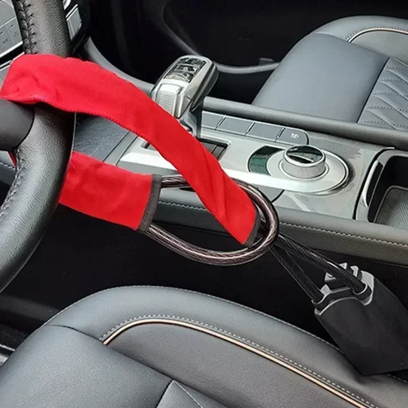 Universal Car Steering Wheel Lock with Seat Belt Socket and Steel Cable - Anti-Theft Protection Device with 3 Keys