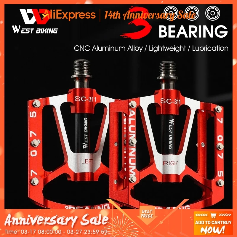 

WEST BIKING Bicycle Pedals 3 Bearings Non-Slip MTB Pedals Aluminum Alloy Flat Applicable Waterproof Bicycle Accessories