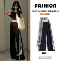 Plus Size Y2K Trousers 300lbs: Four Stripes Design Wide Leg Trousers, Adjustable Waist Bow, Straight Cut Casual Pants for Women - Image 3