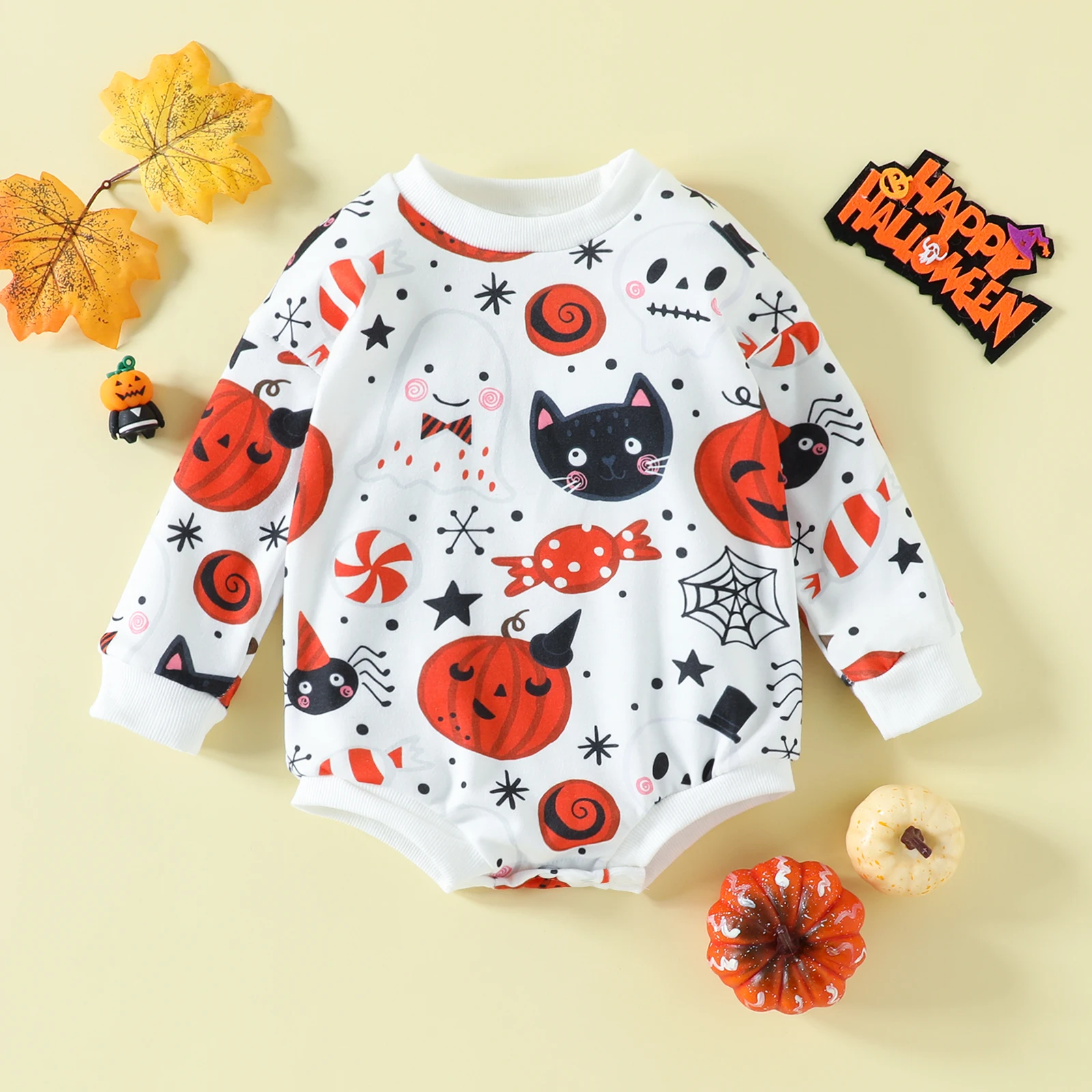 Focusnorm Infant Baby Girls Boys Halloween Romper Cartoon Pumpkin Ghost