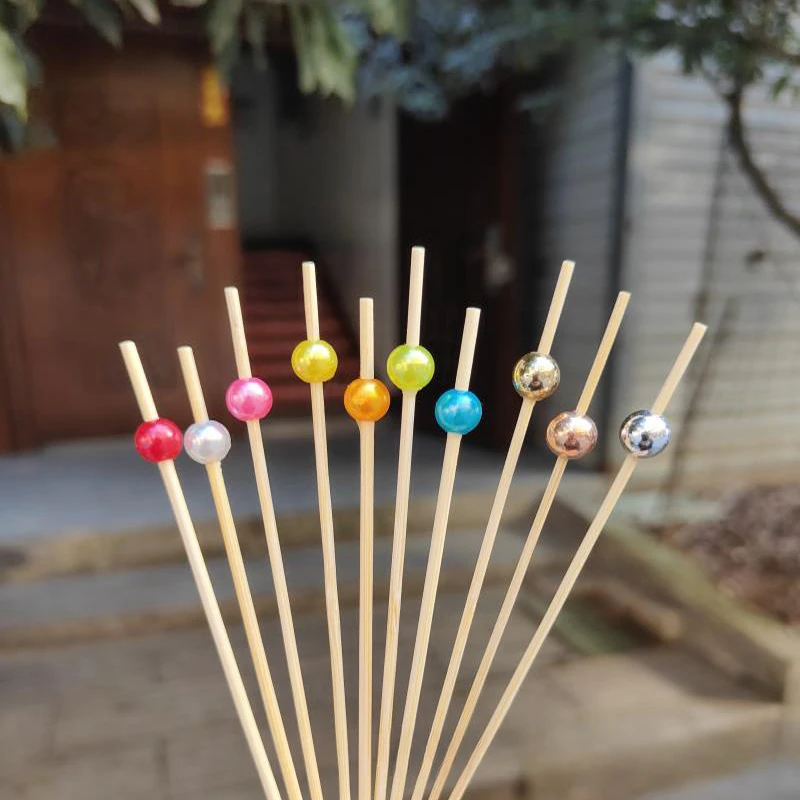 100pcs 12cm Gold Beads Bamboo Fruit Sticks Fruit Salad Snack Fork Cocktail Decor Cake Buffet Toothpicks Party Tableware Supplies