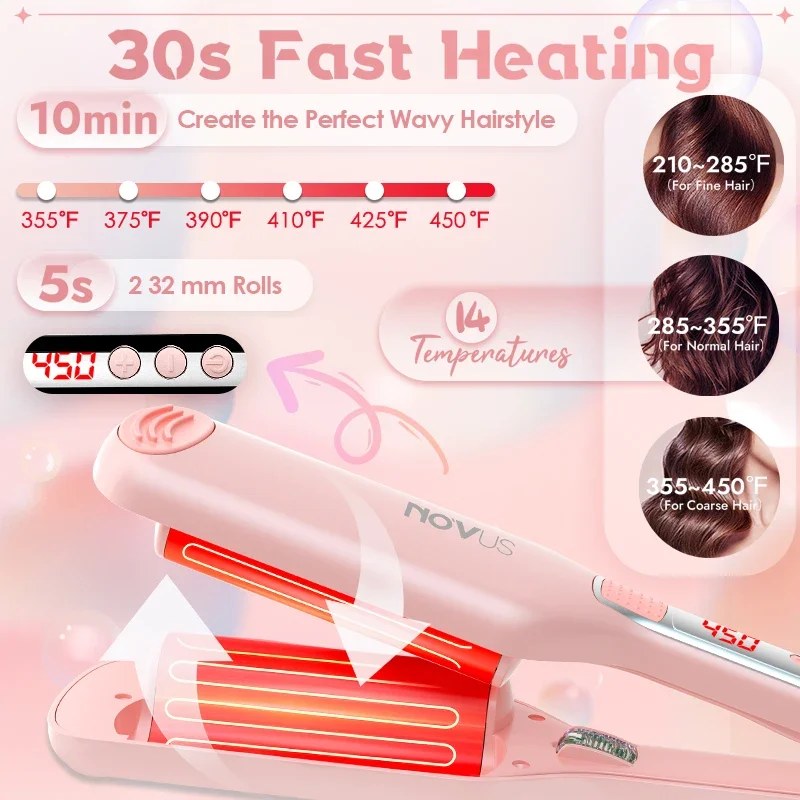 NOVUS 32MM Wavy Hair Curlers French Egg Roll Head Waver Styler 6000w negative ion Fast Heating 60 Min Auto off Curling Iron