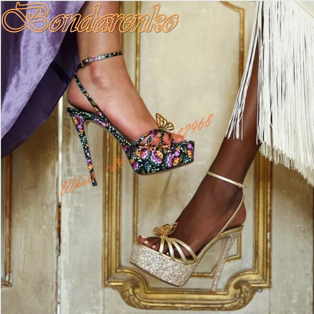 

Sexy Butterfly Platform Sandals Open Toe Straps Buckles Stiletto Heels Sandals Summer Party Women Shoes Big Size Bling Fashion